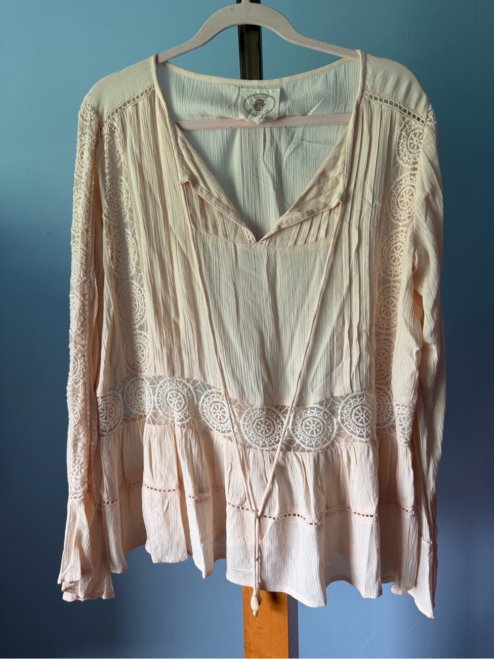 Muche muchette Boho Lace-Trim Peasant Blouse - light pink beaded tassel